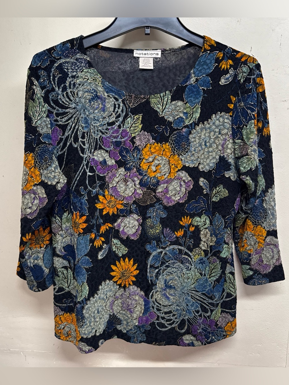 Notations Womens Multicolored Vibrant Floral 3/4 Sleeve Pullover Top Size Large